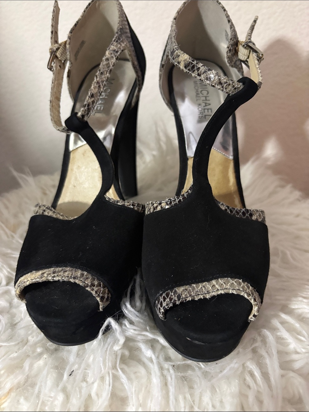 Michael Kors Black Suede Platform Heels with Snakeskin Trim